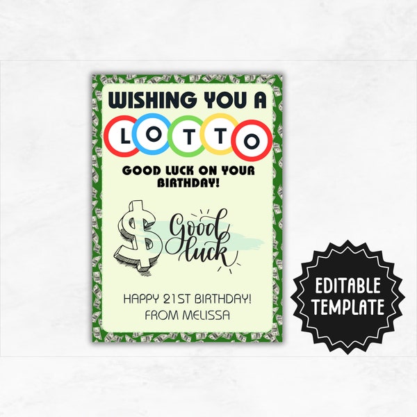 Birthday Lottery Ticket Holder Template | Editable Wish You a Lotto Good Luck Birthday Card | Printable Birthday Lottery Ticket Card