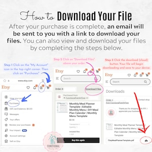 Puede incluir: Una captura de pantalla de una computadora que muestra instrucciones sobre c&oacute;mo descargar un archivo digital de Etsy. Las instrucciones se dividen en tres pasos, con capturas de pantalla del sitio web de Etsy que muestran los pasos. El archivo es una plantilla de planificador de comidas mensual imprimible.