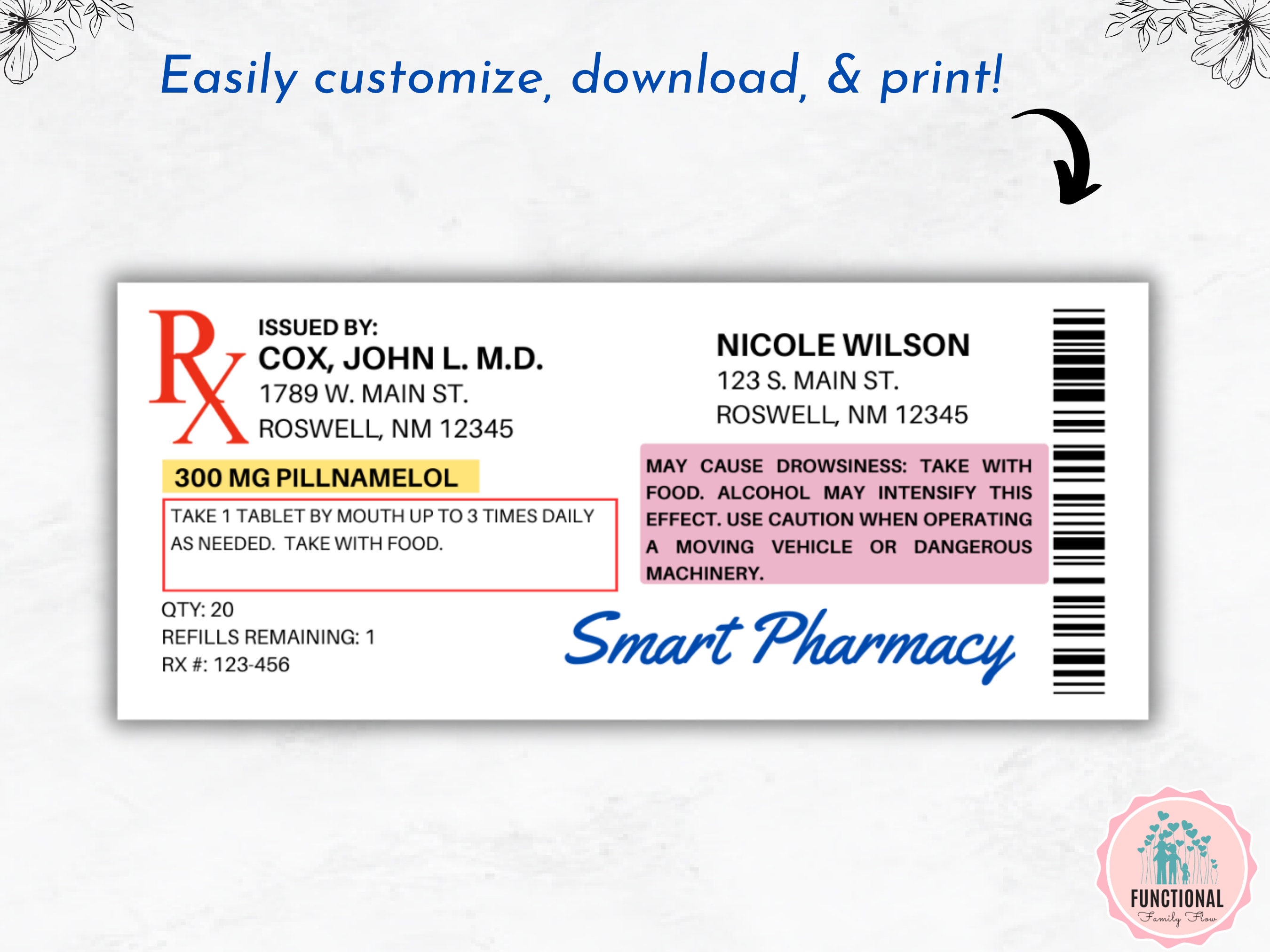 Prescription Label Template Editable Horizontal RX Bottle Label