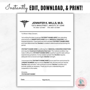 Carta de excusa médica editable / Plantilla de nota de excusa médica / Nota médica imprimible Escuela de trabajo