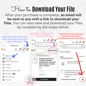 Op de afbeelding: Een gids over het downloaden van bestanden na een Etsy-aankoop. De afbeelding toont de stappen: klik op "Mijn account", vervolgens op "Aankopen", vervolgens op "Bestanden downloaden" en ten slotte op het downloadpictogram. Tekst bevat "Hoe u uw bestand kunt downloaden".