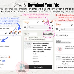 Pode incluir: Uma captura de tela de um computador mostrando instru&ccedil;&otilde;es sobre como baixar um arquivo digital do Etsy. As instru&ccedil;&otilde;es est&atilde;o em tr&ecirc;s etapas, com capturas de tela do site Etsy. A primeira etapa &eacute; clicar no &iacute;cone "Minha conta" no canto superior direito do site Etsy e, em seguida, clicar em "Compras". A segunda etapa &eacute; clicar em "Baixar arquivos" acima do pedido. A terceira etapa &eacute; clicar no bot&atilde;o de download, que &eacute; um &iacute;cone de nuvem, para baixar o arquivo.