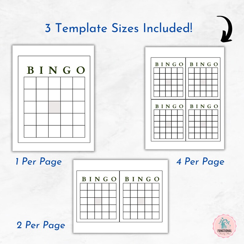 May include: Three bingo card templates are displayed, with options for 1, 2, and 4 cards per page. The word "BINGO" is at the top of each card. The text "3 Template Sizes Included!" is at the top.