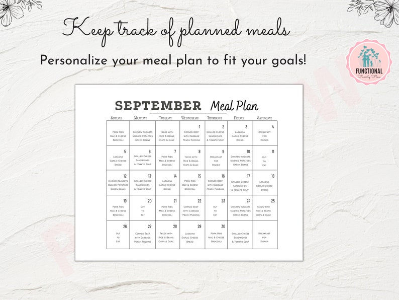 Pode incluir: Um planificador de refei&ccedil;&otilde;es para setembro imprim&iacute;vel com um design preto e branco. O planificador tem uma grade de calend&aacute;rio com cada dia do m&ecirc;s rotulado. Cada dia tem um espa&ccedil;o para escrever uma ideia de refei&ccedil;&atilde;o. O planificador tem o texto "SEPTEMBER Meal Plan" no topo.