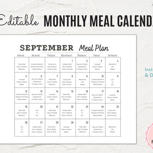 Monthly Meal Planner Template Editable Monthly Menu DIY Meal Plan ...