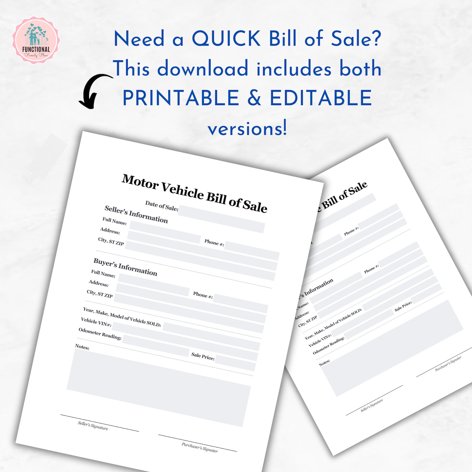 Motor Vehicle Bill of Sale | Printable Bill of Sale | Editable Car Sale ...