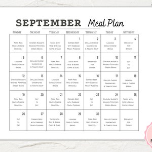 Pode incluir: Um planificador de refei&ccedil;&otilde;es para setembro imprim&iacute;vel em preto e branco com um design floral rosa no canto inferior direito. O planificador &eacute; dividido em uma grade com cada dia da semana etiquetado e numerado. Cada dia tem uma sugest&atilde;o de refei&ccedil;&atilde;o diferente escrita em texto preto.