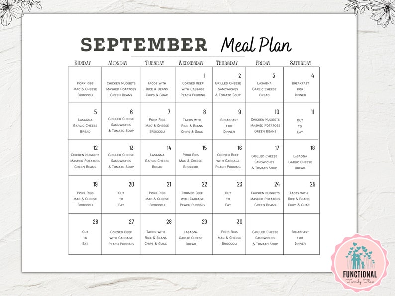 Pode incluir: Um planificador de refei&ccedil;&otilde;es para setembro imprim&iacute;vel em preto e branco com um design floral rosa no canto inferior direito. O planificador &eacute; dividido em uma grade com cada dia da semana etiquetado e numerado. Cada dia tem uma sugest&atilde;o de refei&ccedil;&atilde;o diferente escrita em texto preto.