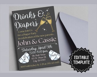 Diapers & Drinks Invitation Template | Editable Diaper Party Invitation | Printable Baby Shower for Dads Invite | Diaper Shower Invitation