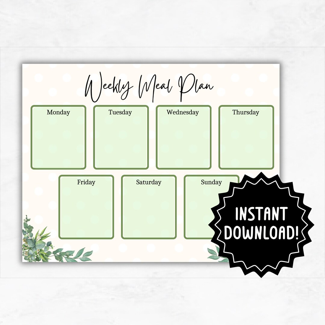 Weekly Meal Planner Page | Printable 7 Day Menu | Meal Plan for Fridge ...