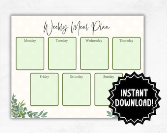 Weekly Meal Planner Page | Printable 7 Day Menu | Meal Plan for Fridge