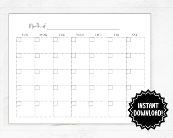 Blank Monthly Calendar Page | Printable Empty Calendar Page | No Dates | Use for Any Month