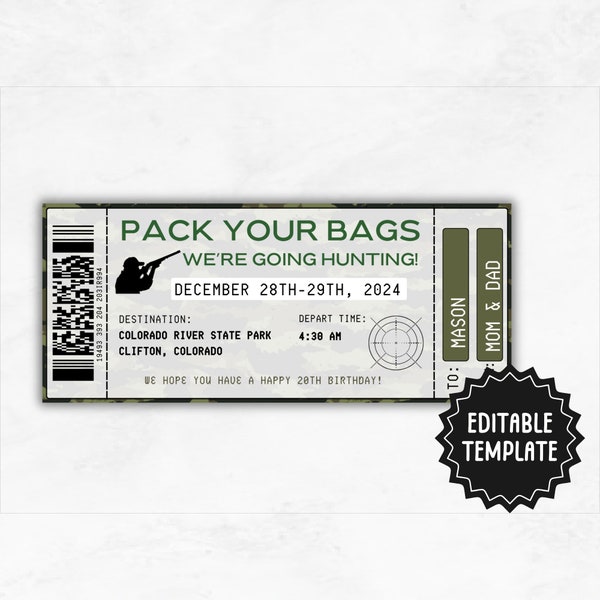 Hunting Trip Ticket Template | Editable Gift Voucher Certificate | Custom Surprise Hunting Holiday Vacation Gift Certificate