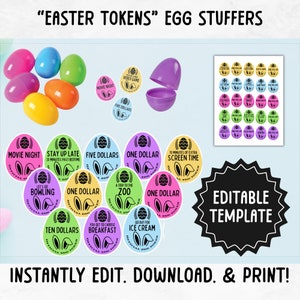May include: Printable Easter egg tokens with various rewards like movie night, screen time, and ice cream. The tokens are black and white with bunny ears and a green egg design. The image also shows plastic Easter eggs and a sheet of printed tokens.