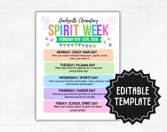 School Spirit Week Flyer Template | Editable Spirit Week Itinerary Handout | Diversity Inclusion School Spirit Week PTO PTA Flyer