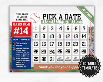 Baseball Calendar Fundraiser Template | Editable Pick A Date Fundraiser Sheet | Clear the Board Fundraising Template | Baseball Fundraising