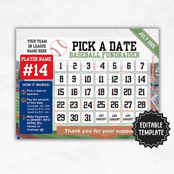 Baseball Calendar Fundraiser Template | Editable Pick A Date Fundraiser Sheet | Clear the Board Fundraising Template | Baseball Fundraising