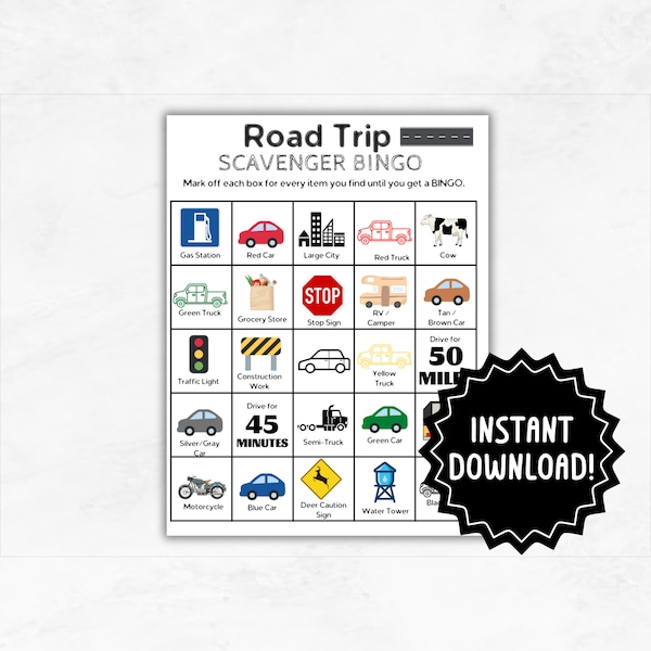 Road Trip Games | Printable Road Trip Bingo | Car Scavenger Hunt Bingo Game | Road Trip Picture Bingo | Car Ride Vacation Activities