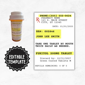 Modelo de etiqueta de prescrição | Modelo de etiqueta de garrafa RX horizontal editável | Etiqueta básica do frasco de comprimidos | Rótulo de frasco de prescrição personalizado
