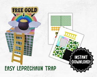 Op de afbeelding: Printbare leprechaun-val-knutsel met een groen-wit geblokte doos, een gouden ladder, een pot met goud, een regenboog en de woorden "Free Gold" bovenaan. De printbare bevat ook een klaverbladpatroon en een ladder.