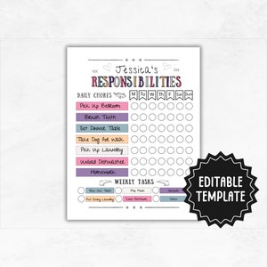 Editable Chore Chart for Kids | Printable Kids Daily Weekly Responsibility Checklist | Kids Chore Chart | Kids Daily Routine Chart