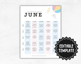 Meal Plan Template | Editable Monthly Menu Template | Monthly Meal Planner