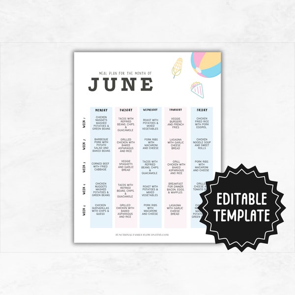 Meal Plan Template | Editable Monthly Menu Template | Monthly Meal Planner