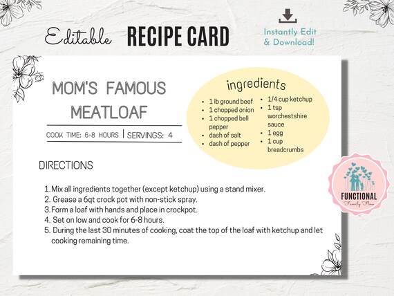 Editable Recipe Card Recipe Card Template - Etsy