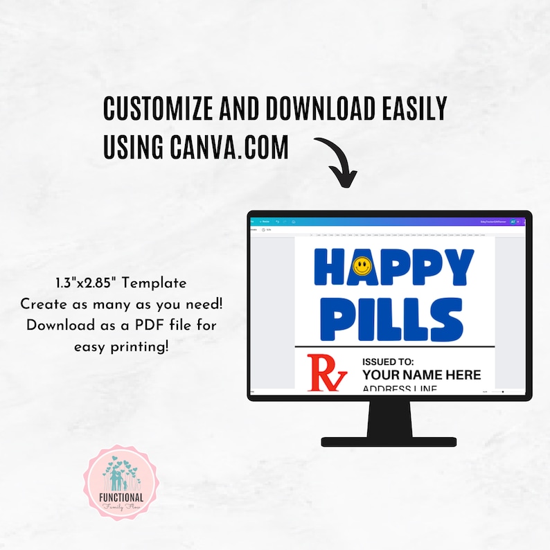 Op de afbeelding: Een computermonitor toont een sjabloon voor "HAPPY PILLS" met een smiley en een receptsymbool. De tekst luidt "AANPASSEN EN GEMAKKELIJK DOWNLOADEN MET CANVA.COM" en "1,3"x2,85" sjabloon". Een logo voor "FUNCTIONAL Family Home" staat linksonder.