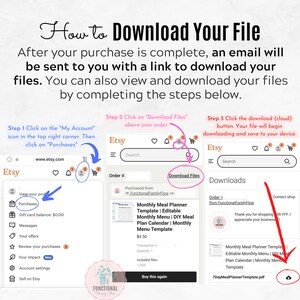 May include: A guide on how to download files after an Etsy purchase. The image shows the steps: click on "My Account", then "Purchases", then "Download Files", and finally the download button. Text includes "How to Download Your File".