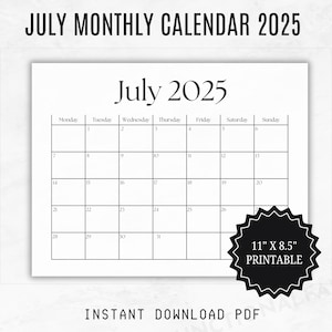 July 2025 Monthly Calendar | Printable Dated July 2025 Calendar Page | Minimalist Blank Monthly Calendar 2025 Printable | Monday Start