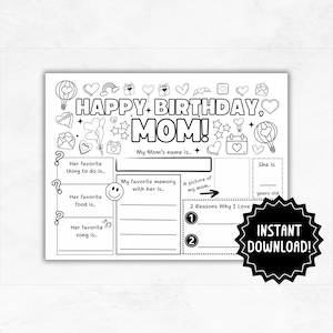Alles Gute zum Geburtstag Mama Malseite | Druckbare alles Gute zum Geburtstag Mom Aktivitäten Blatt Tischset | Alles über Mama Aktivitätskarte