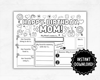 Página para colorear de mamá de feliz cumpleaños / Mantel individual de hoja de actividades de mamá de feliz cumpleaños imprimible / Tarjeta de actividades de todo sobre mamá