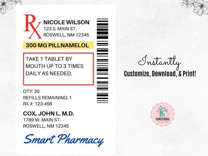 Prescription Label Template Editable RX Bottle Label Template Party Favor Fun Pill Bottle Label