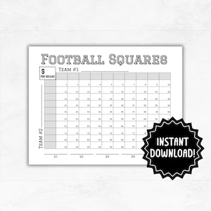 May include: A printable football squares game template with a black and white design. The template is divided into 100 squares, numbered 1 to 100. The text "Football Squares" is at the top of the template. The text "Team #1" and "Team #2" are on the left and right sides of the template. The text "$ per square" is in a box at the top left corner of the template. The text "Instant Download!" is in a circle at the bottom right corner of the template.