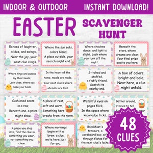 Könnte beinhalten: Ein Satz von 48 Oster-Schnitzeljagd-Hinweis-Karten mit bunten Illustrationen von Hasen, Küken und Eiern. Die Karten haben rosa, blaue und gelbe Hintergründe mit weißem Text. Der Text auf den Karten enthält Sätze wie "Echoes of laughter", "Where the sun sets", "Beneath the stars" und "A box of colors".