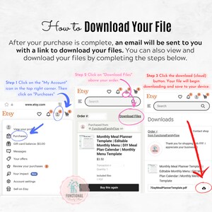 May include: Screenshot of Etsy website showing how to download a digital product. The image shows a step-by-step guide with screenshots of the Etsy website. The guide shows how to access the 'My Account' section, click on 'Purchases', and then click on the 'Download Files' button to download the purchased digital product.