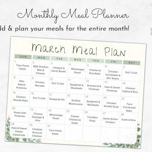 May include: A printable monthly meal planner with a green and white colour scheme. The planner is titled "March Meal Plan" and includes a calendar grid with days of the week and meal ideas for each day.