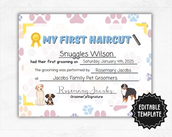 Certificado de primeiro corte de cabelo para cuidados com cães | Certificado de corte de cabelo para tratador de animais de estimação para impressão | Cuidador de animais de estimação | Certificado de spa para animais de estimação