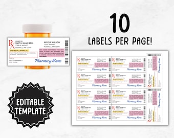 Modelo de rótulos de prescrição | Modelo editável de etiqueta de garrafa RX | etiqueta de frasco de comprimidos do favor de partido | Etiqueta de prescrição personalizada 10 por página