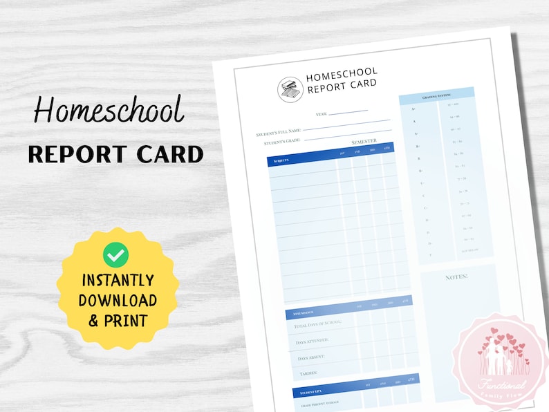 Homeschool Report Card Printable Progress Report Simple - Etsy