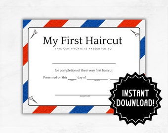Certificado de mi primer corte de pelo / Certificado de primer corte de pelo de barbería imprimible / Premio mi primer corte de pelo