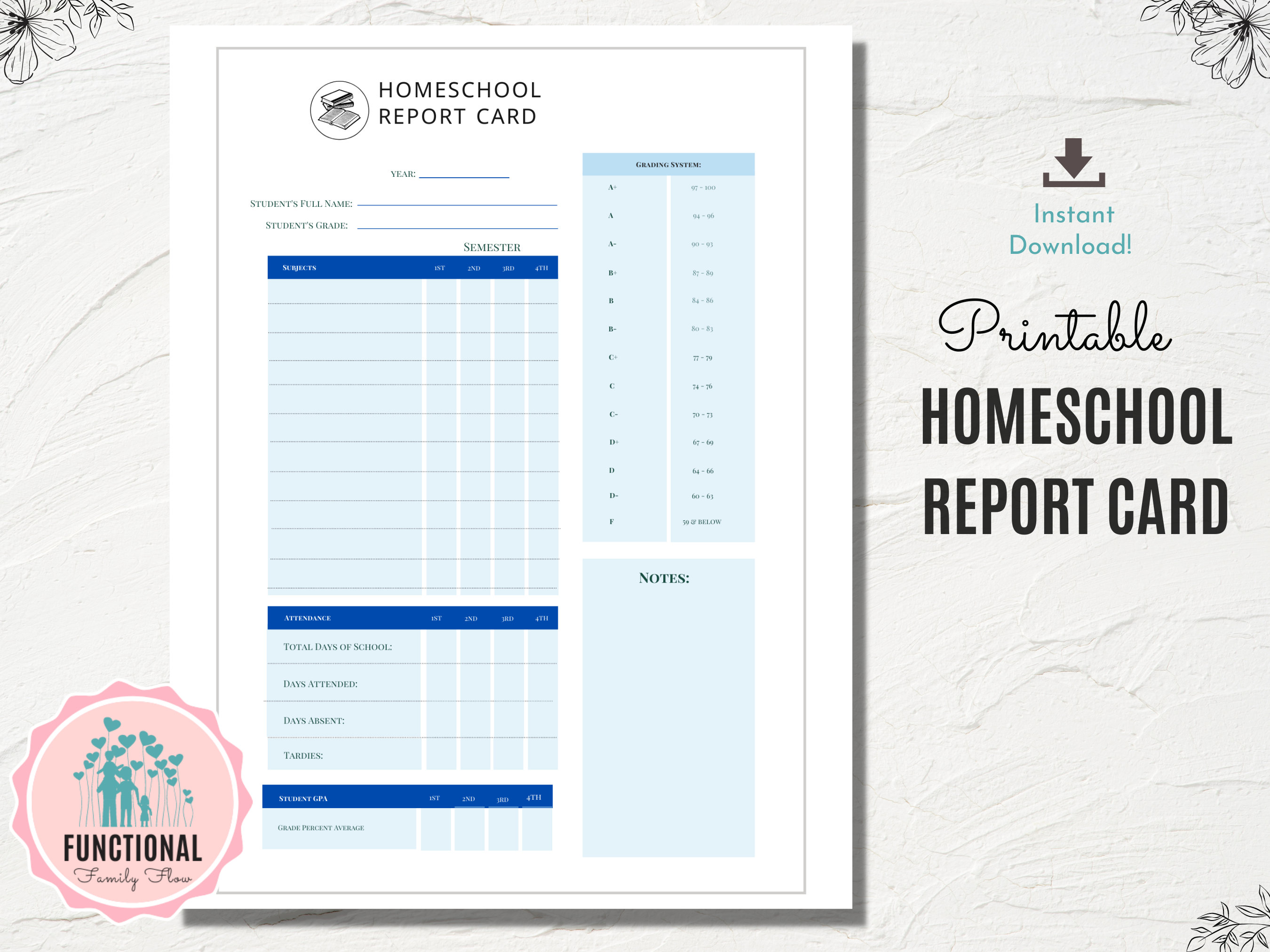 Homeschool Report Card Printable Progress Report Simple - Etsy