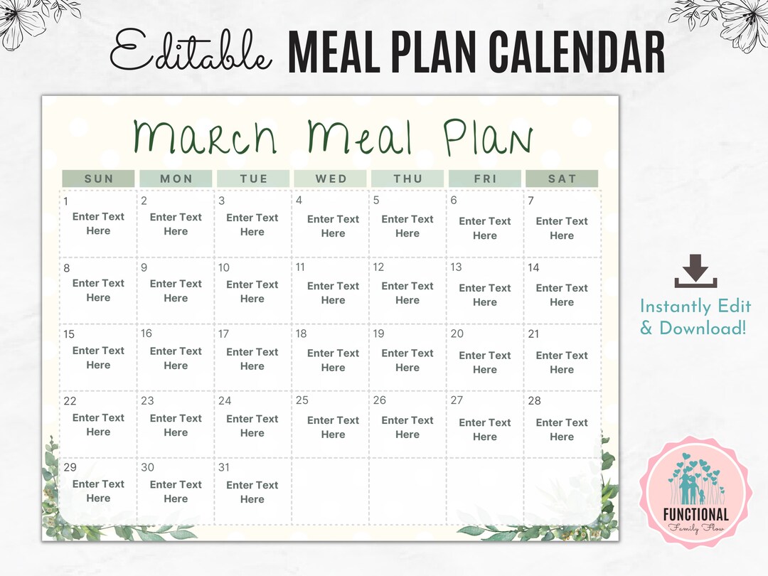 Monthly Meal Planner Editable Meal Calendar Monthly Menu - Etsy