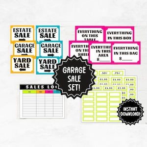 Garage Sale Kit | Printable Yard Sale Signs, Pricing Labels, Purchase Logs, Table Signs | Garage Sale Signs