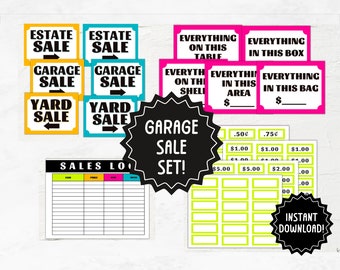 Kit vendita garage / Segnali vendita cantiere stampabili, Etichette prezzi, Registri acquisti, Segni da tavolo / Segni vendita garage