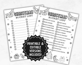 Può includere: Lista di cose da fare a Natale stampabile in bianco e nero con un elenco di attività da svolgere durante le festività natalizie. L'elenco include attività come bere cioccolata calda, cuocere biscotti, costruire un pupazzo di neve, mangiare una canna di zucchero, fare una festa in pigiama, vedere uno spettacolo di Natale, cantare canti natalizi, fare una battaglia di palle di neve, pattinare sul ghiaccio, guardare un film natalizio, decorare un albero, provare una nuova ricetta, fare un lavoretto natalizio, donare cibo e indossare un maglione brutto.