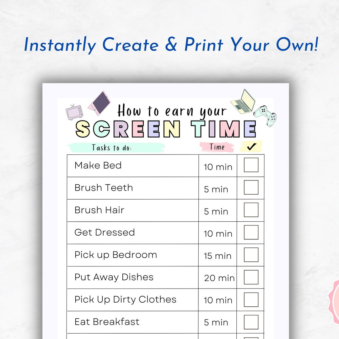 Screen Time Checklist Editable Screen Time Tracker How to Earn Screen ...