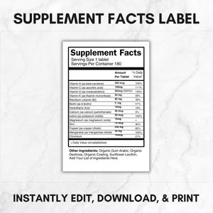 Aanvullende feiten | Bewerkbaar voedingsetiket voor voedingssupplementen | Supplement vitaminegeneeskunde feiten SVG PNG | Aangepast sjabloon voor supplementfeiten
