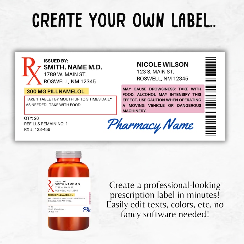 Prescription Label Template | Editable Horizontal RX Bottle Label ...